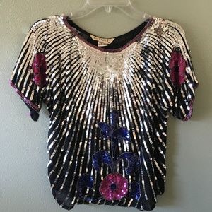 NEW vintage star floral silk sequin top